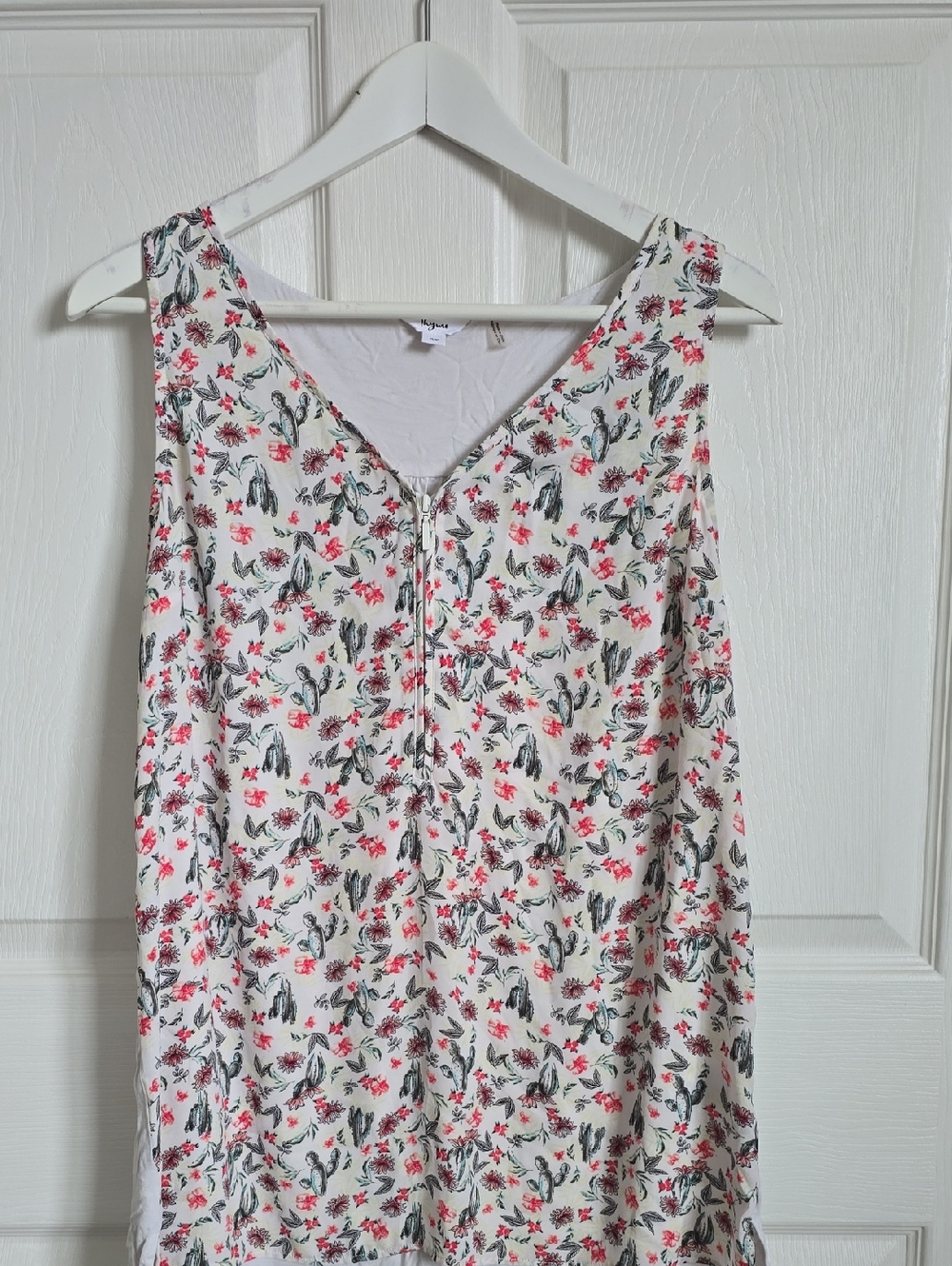 Thyme Maternity White Floral Zip-Front Tank with Pink & Green Cactus Print - NUR